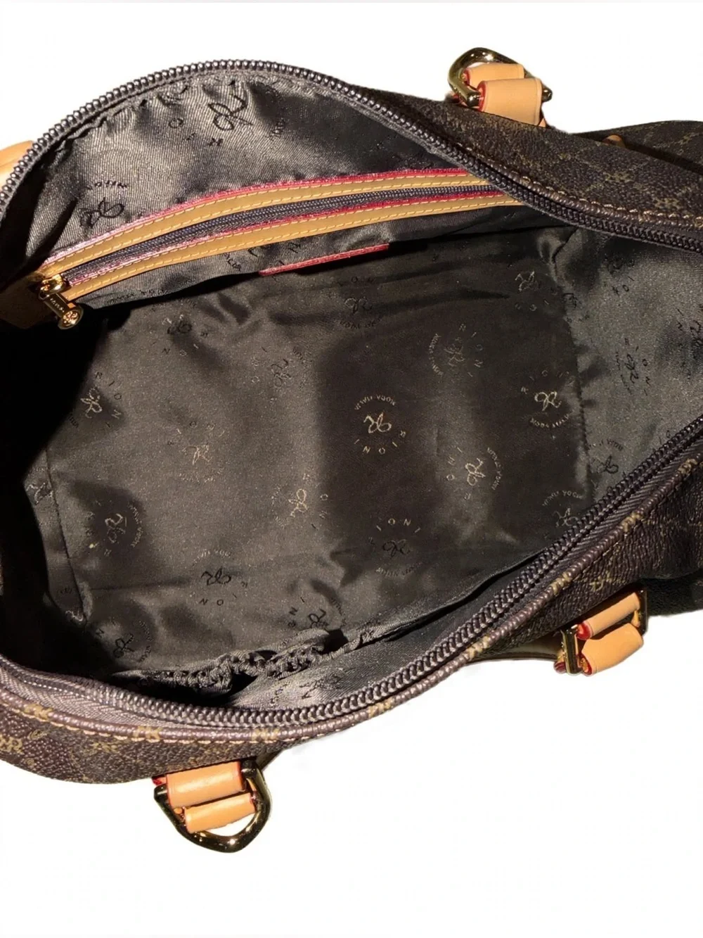 Rioni Monogram Boston Duffel Bag Brown Tan Leather Trim Satchel